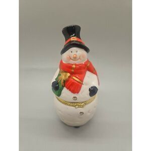Vintage 4.5" Snowman Hinged Porcelain Trinket Treasured Box Seasonal Décor